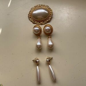Faux pearl pin and two earring sets, gold.
